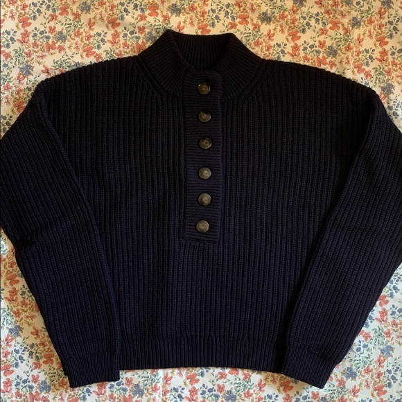 Sézane Lucas Navy Rib-Knit Button-Up Crew Sweater Medium - Picture 5 of 12